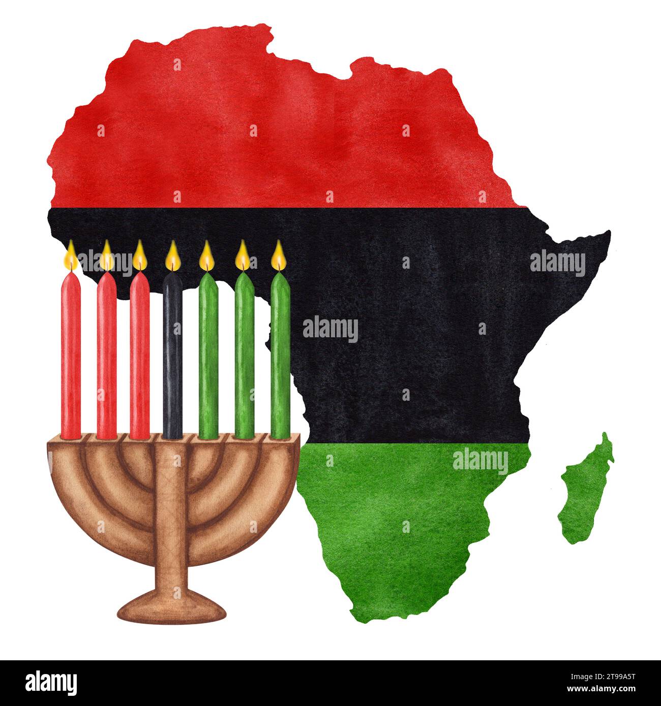 Kinara, seven burning candles. Africa continent outline map, black