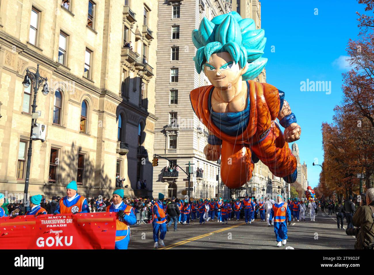 The Goku balloon floats down Central Park West during the Macy
