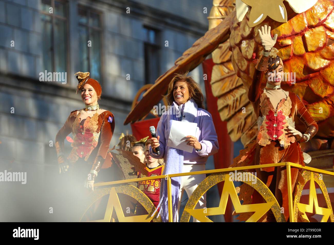 Hoda kotb is seen on the tom turkey float at the 2023 macy s