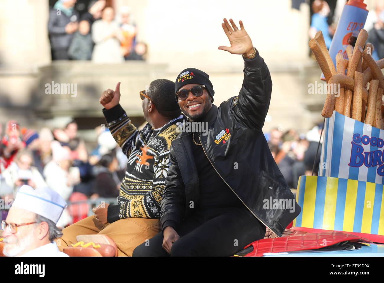 Keenan Thompson and Kel Mitchell ride on the parade route during the 97th Macy's Thanksgiving Day Parade on November 23, 2023 in New York City. Credit: Brazil Photo Press/Alamy Live News Stock Photo