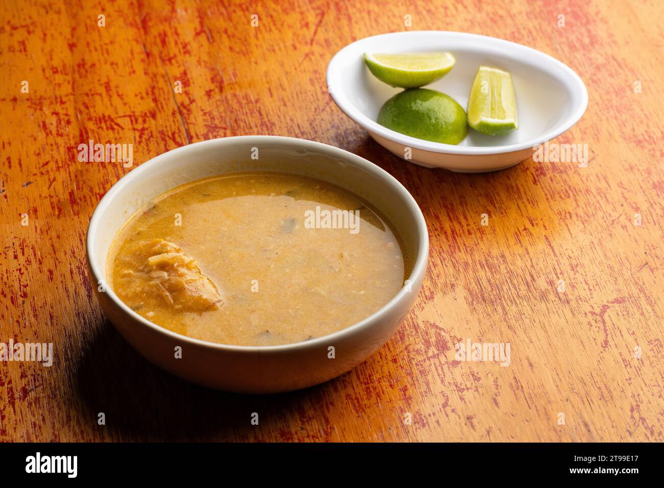 Dish served with fish consomme - Traditional Colombian food Stock Photo