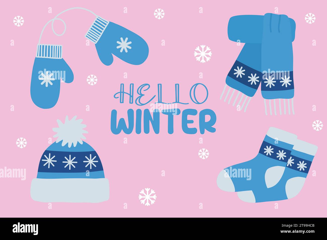 Warm winter accessory set mittens, hat, scarf and socks, flat style ...