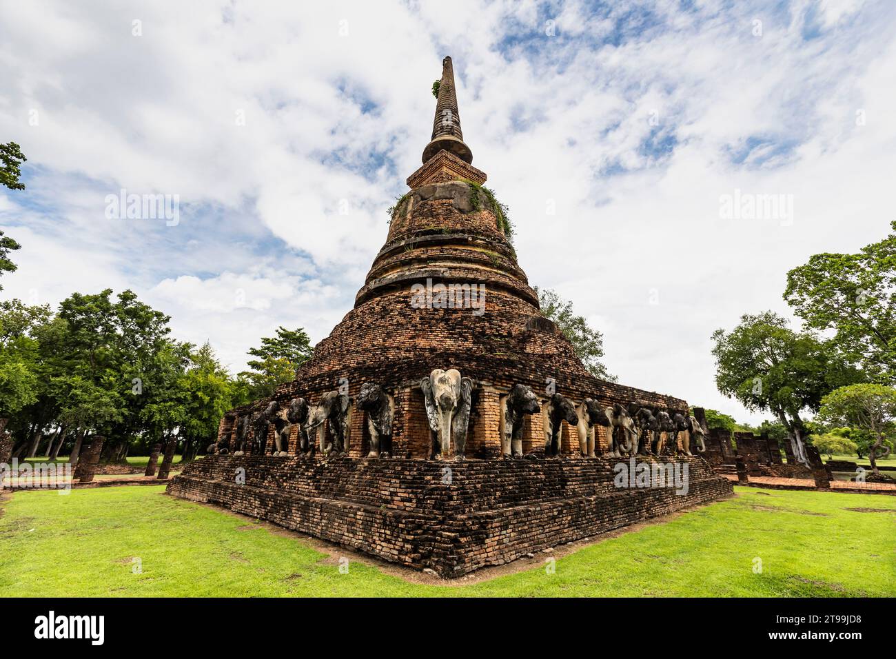 Sukhothai Historical Park, Wat Chang Lom, elephant statues at platform, Sukhothai, Thailand, Southeast Asia, Asia Stock Photo