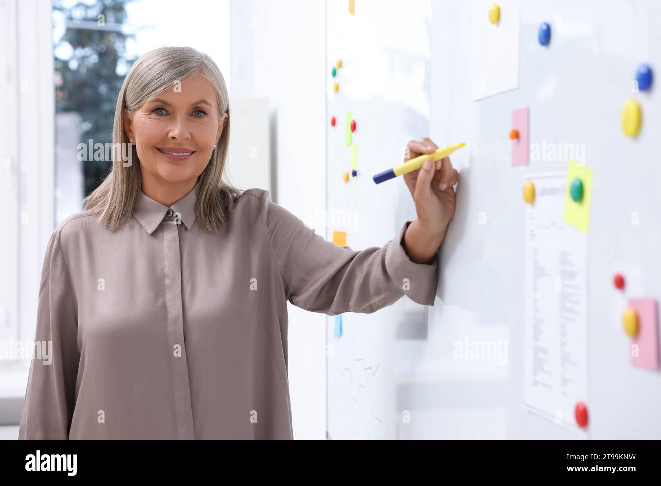 Professor explaining something with marker at whiteboard in classroom ...
