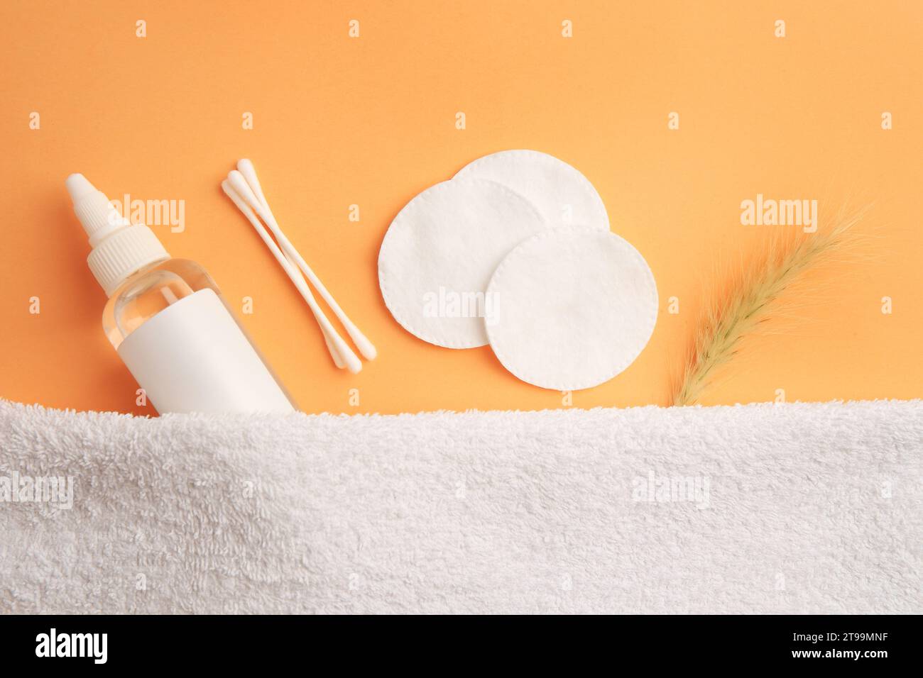 Flat lay composition with makeup remover, cotton pads and buds on pale