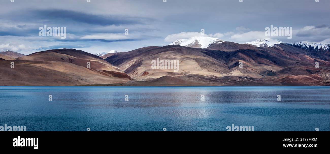 Panorama of Lake Tso Moriri in Himalayas, Ladakh Stock Photo
