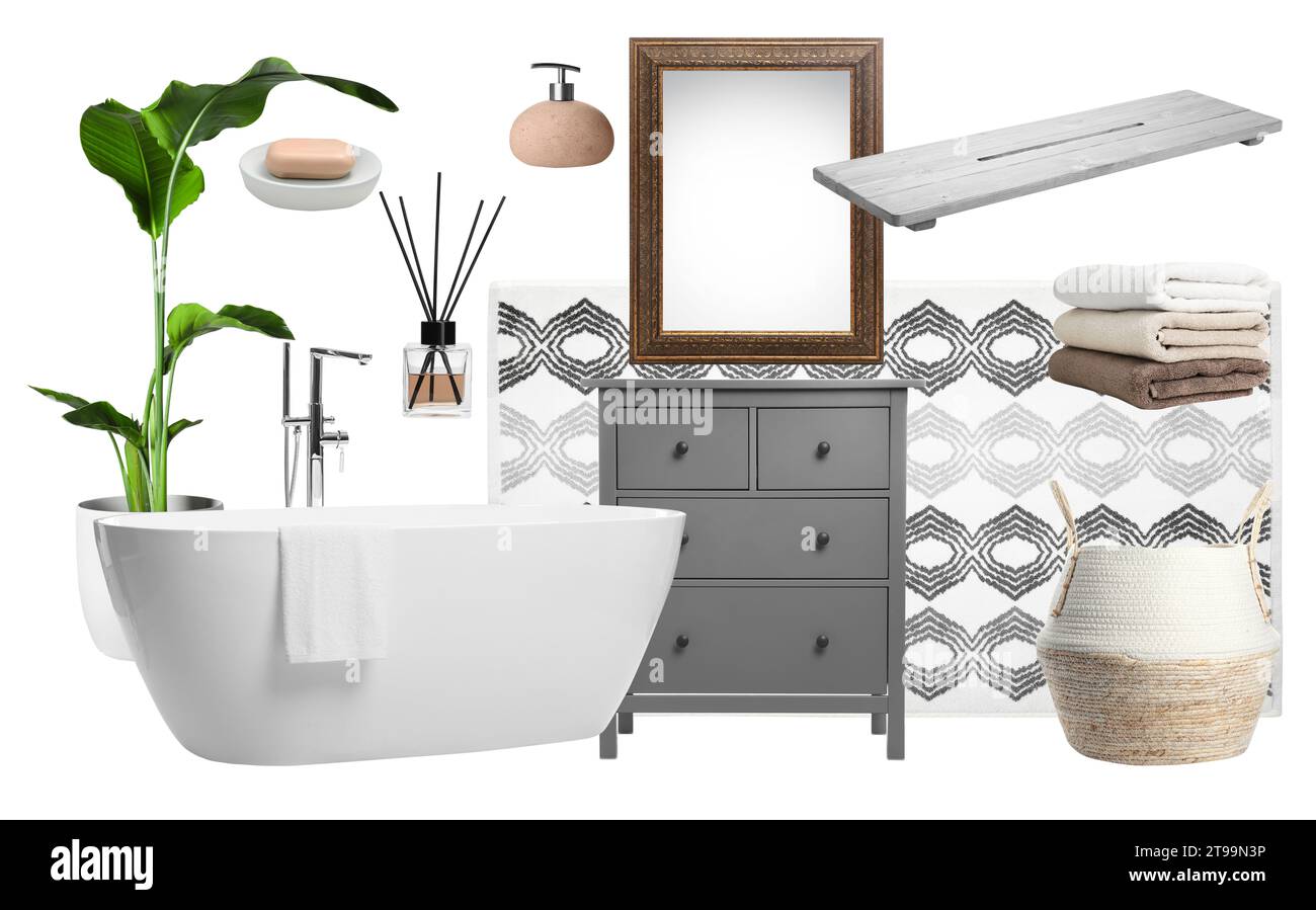 Mood board with bath tub, bathroom supplies and decorative elements on white background Stock Photo
