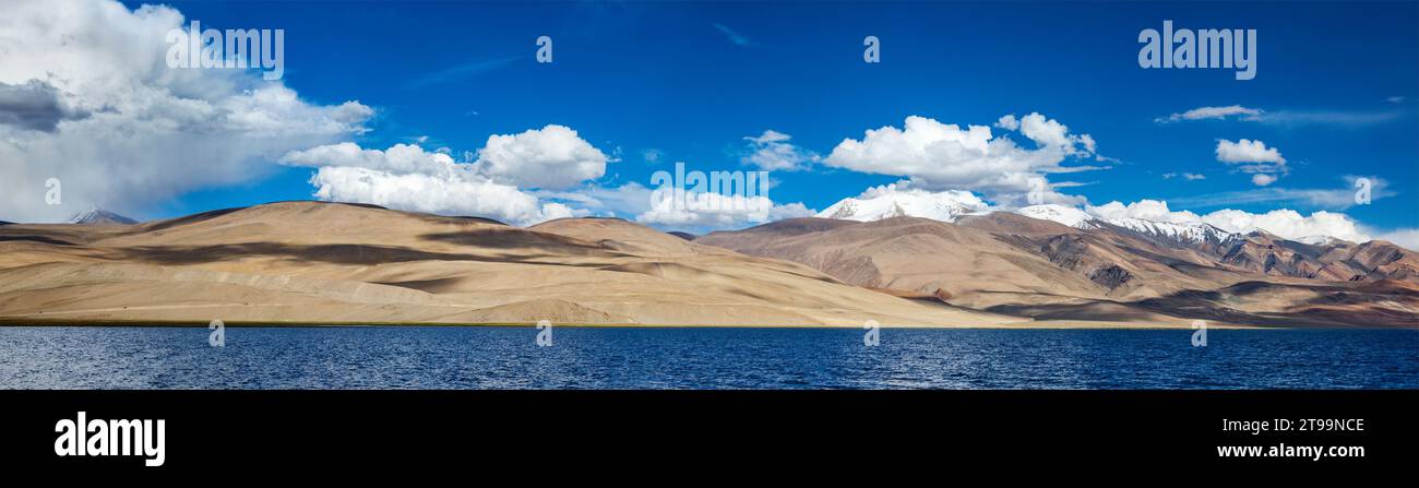 Panorama of lake Tso Moriri in Himalayas, Ladakh Stock Photo