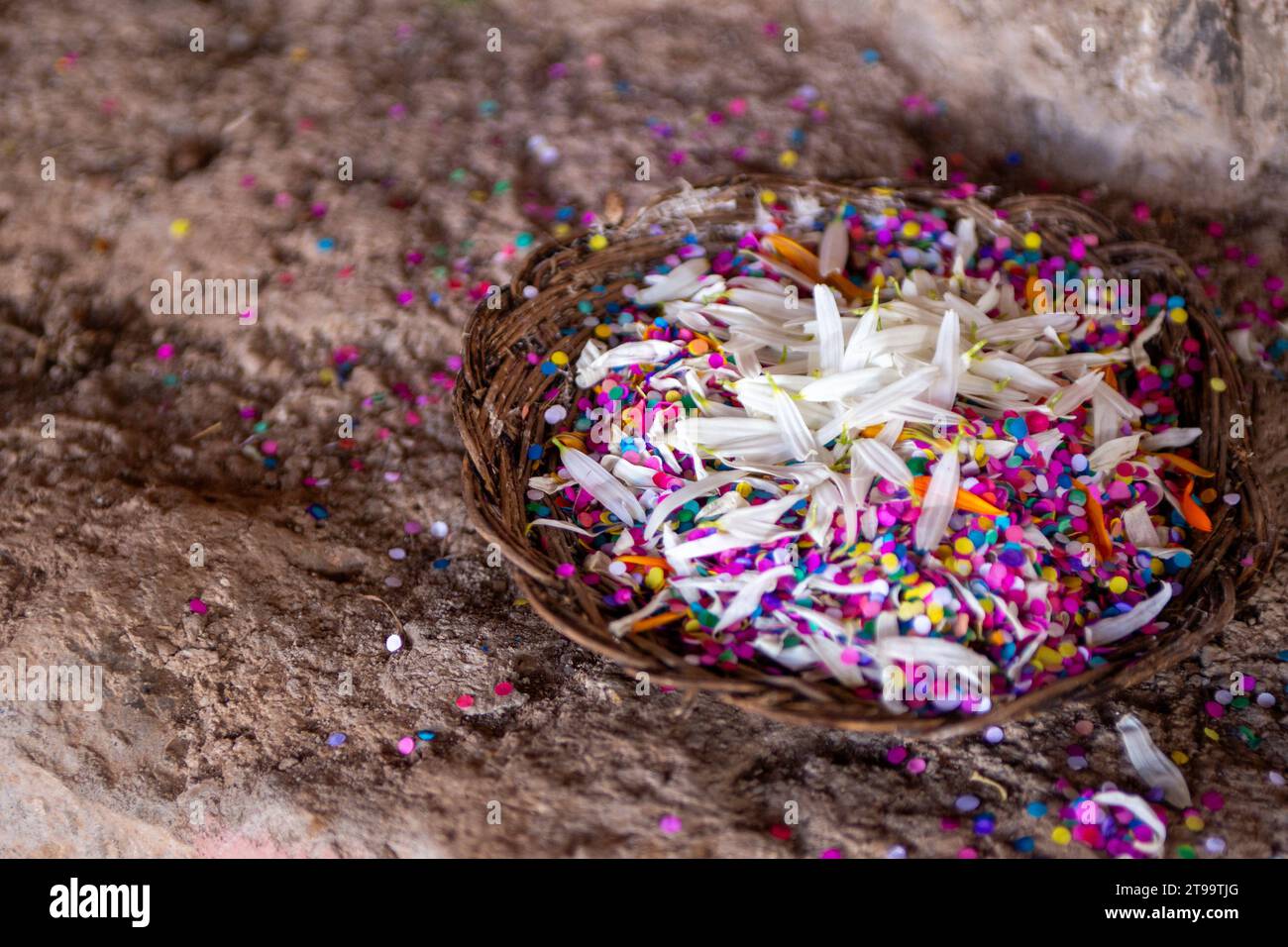 Confetti and Flower Petals in a basket Stock Photo