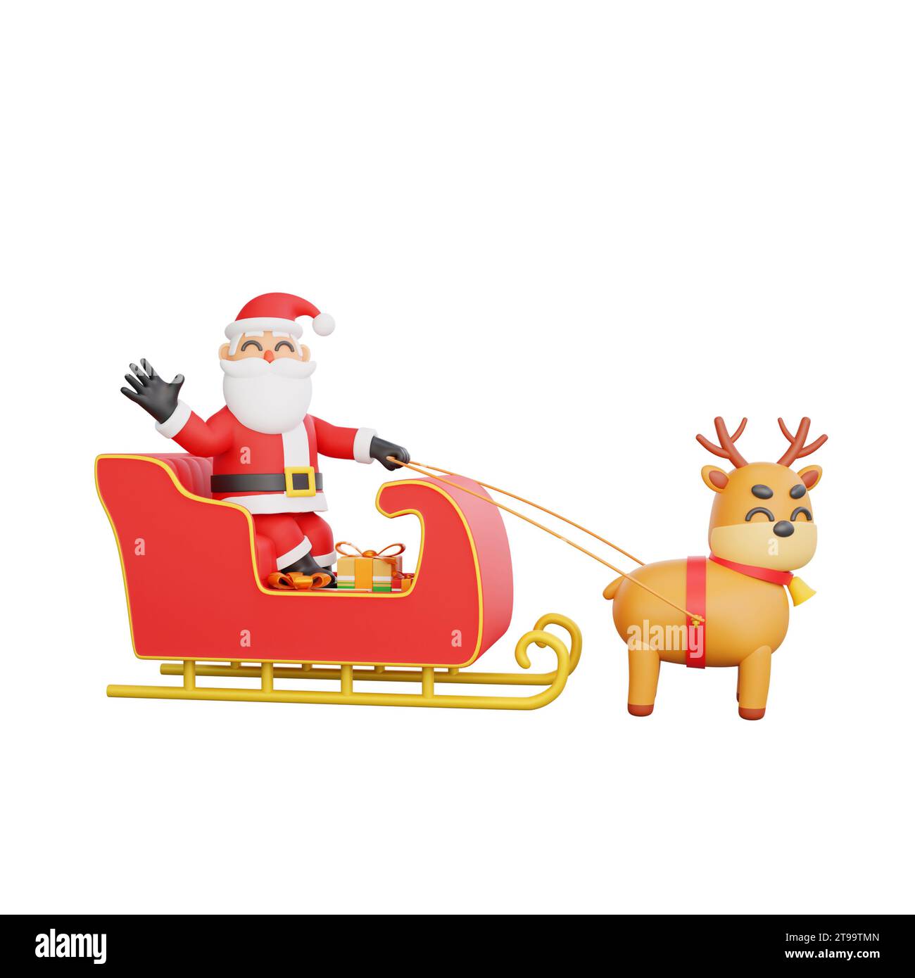 3D rendering Santa Claus and a reindeer in sleigh. Perfect for holiday themed designs and Christmas celebrations Stock Photo