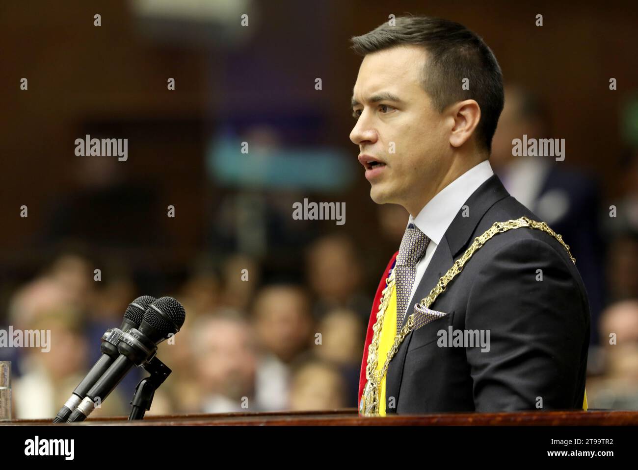 (231124) QUITO, Nov. 24, 2023 (Xinhua) Daniel Noboa delivers a