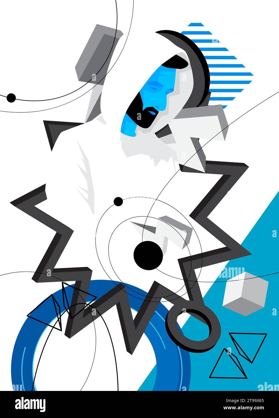Blue, white and black geometrical graphic retro poster with male head ...