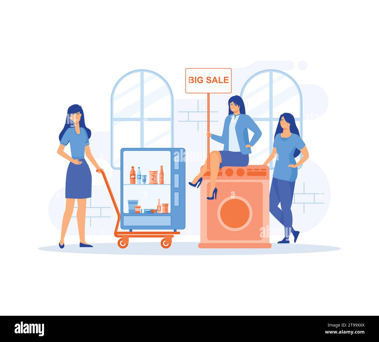 Big Sale of kitchen appliances, happy buyers at the sale of equipment. flat vector modern illustration Stock Vector