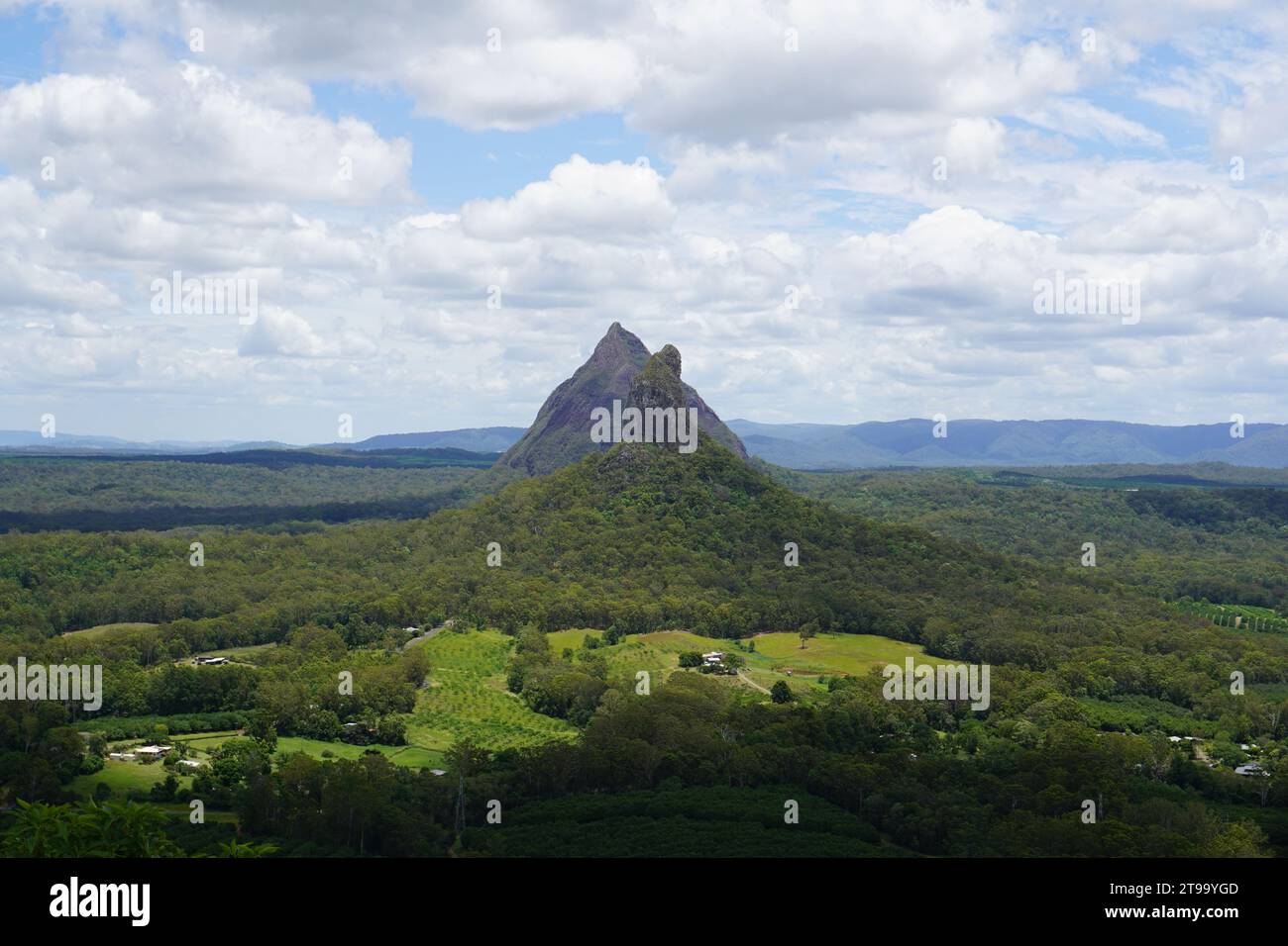 Scenic landscape view of Mt Coonowrin and Mt Beerwah from top of Mt