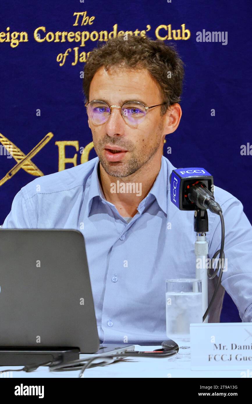 Tokyo, Japan. 24th Nov, 2023. Tiphaine Veron's brother Damien Veron speaks during a press conference at The Foreign Correspondents' Club of Japan in downtown Tokyo. Tiphaine Veron, a French national, disappeared in the tourist town of Nikko on July 29, 2018, while on vacation in Japan. The day before she vanished, she emailed pictures from her vacation to Nikko, but nothing has been heard from her since. She went for a stroll next to a river, according to the Japanese police, and fell in and drowned. Her relatives think she was kidnapped and killed. They claim to have discovered multiple di Stock Photo