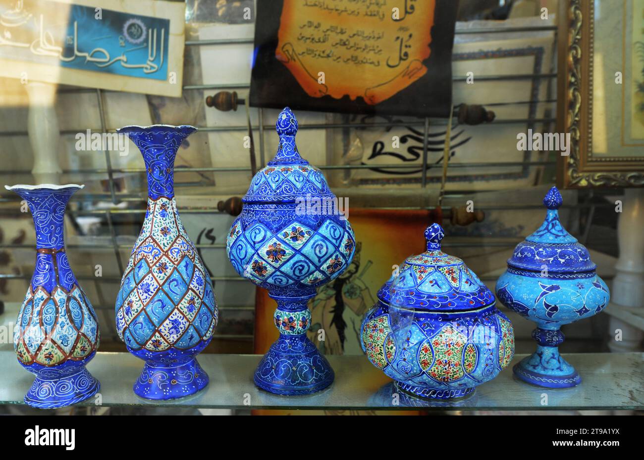 Iranian crafts displayed in a shop in Al Fahidi Historical Neighborhood in Dubai, UAE. Stock Photo
