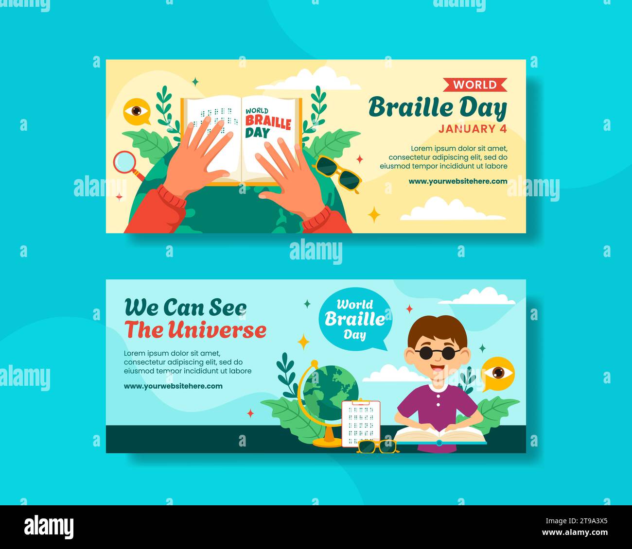 Braille Day Horizontal Banner Flat Cartoon Hand Drawn Templates