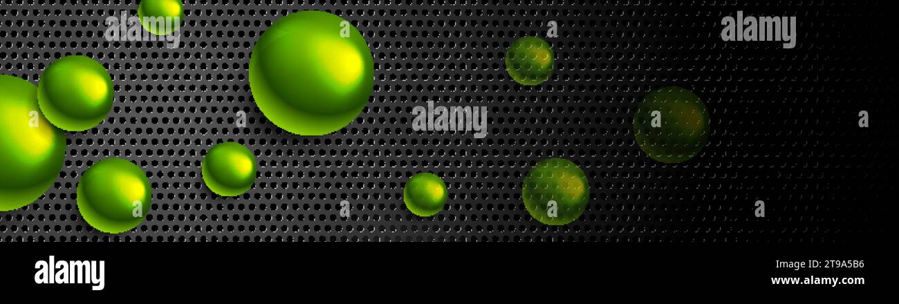 Green glossy beads on black perforated texture abstract tech background. Vector banner design Stock Vector