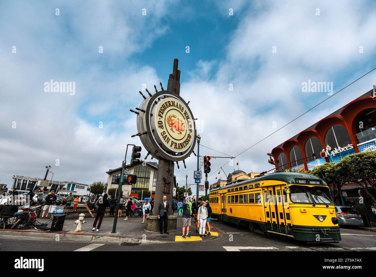 The Fisherman's Wharf Sign and F Market Cable Car San Francisco