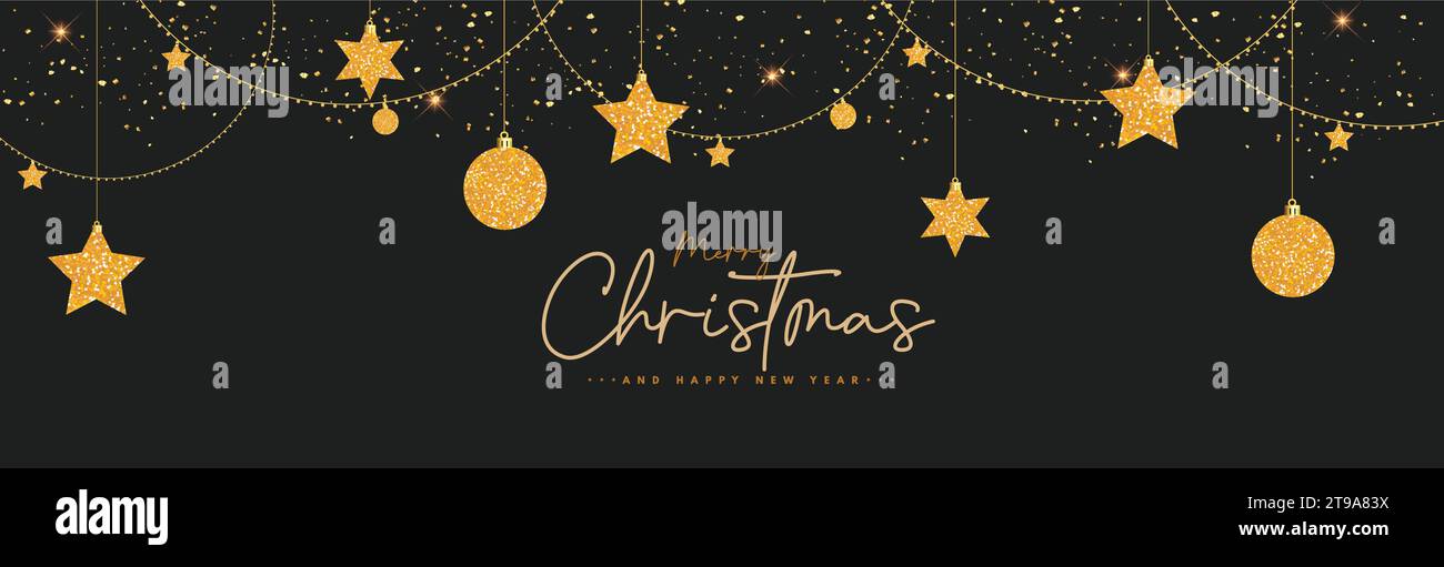 Merry christmas greeting text vector design. Christmas and happy new year in black empty space with stars and balls in gold color hanging in elegant Stock Vector