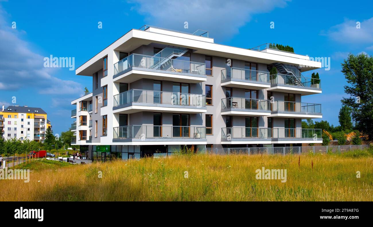 Warsaw, Poland - July 11, 2021: Modern Forest Club residential project aside metro station at KEN and Wawozowa street in Kabaty quarter of Ursynow Stock Photo