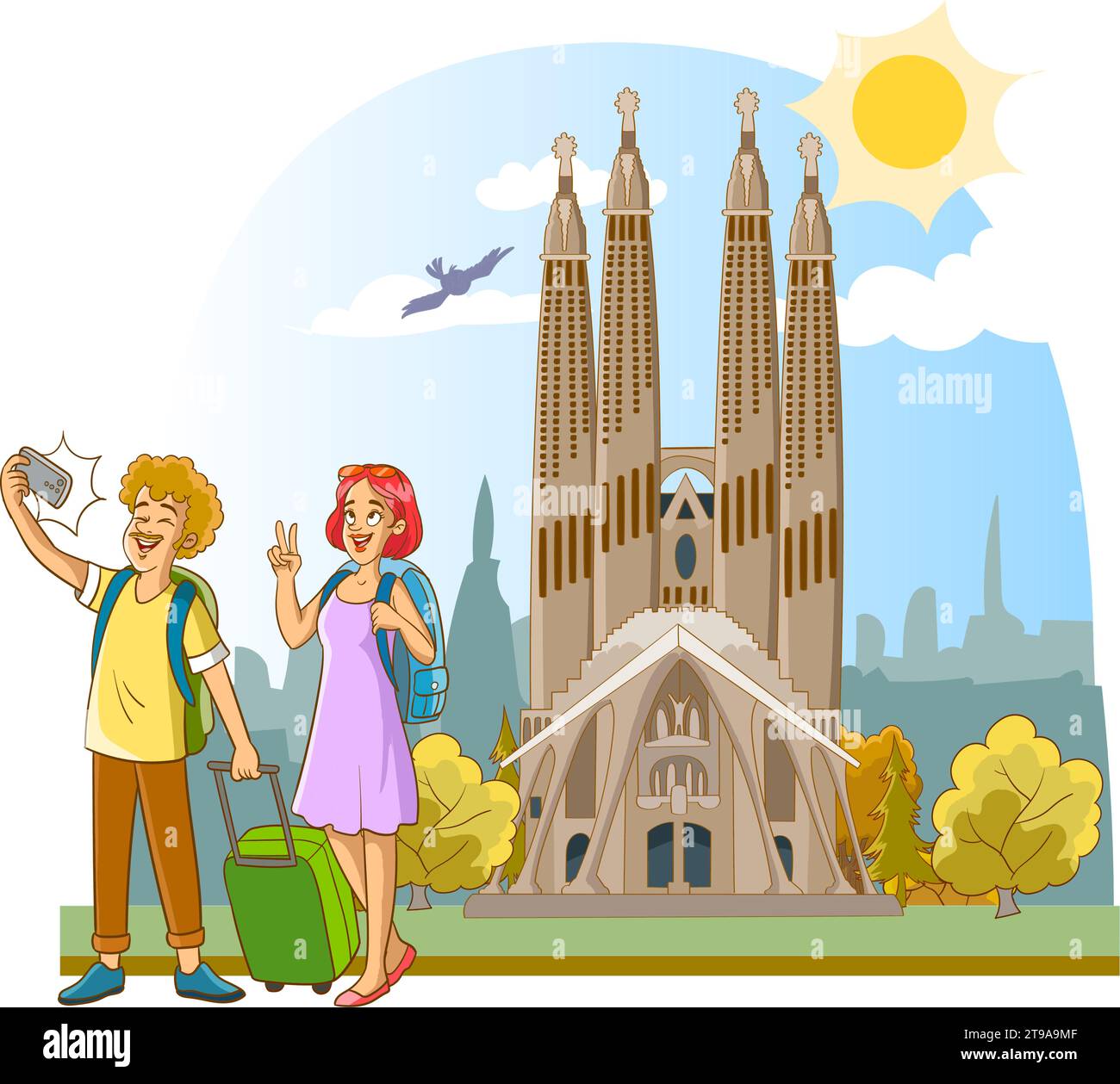 Vector illustration of tourist couple taking a selfie at Sagrada Familia, a large Roman Catholic church in Barcelona, Spain, designed by Catalan archi Stock Vector