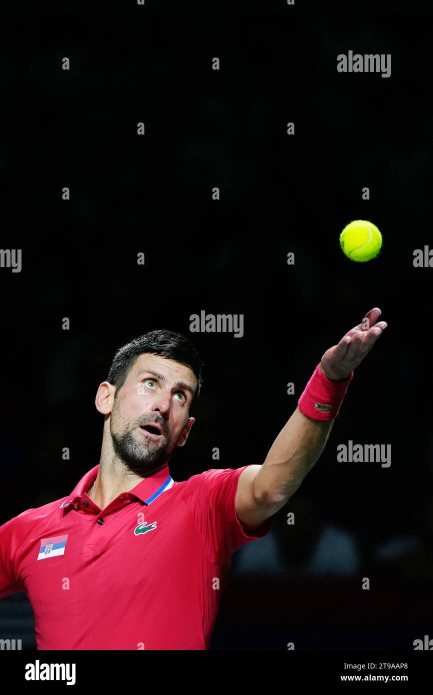 Novak Djokovic of Serbia in match 2 during the Davis Cup Finals 2023, Quarter-finals tennis match between Serbia and Great Britain on November 23, 2023 at Martin Carpena Pavilion in Malaga, Spain Stock Photo
