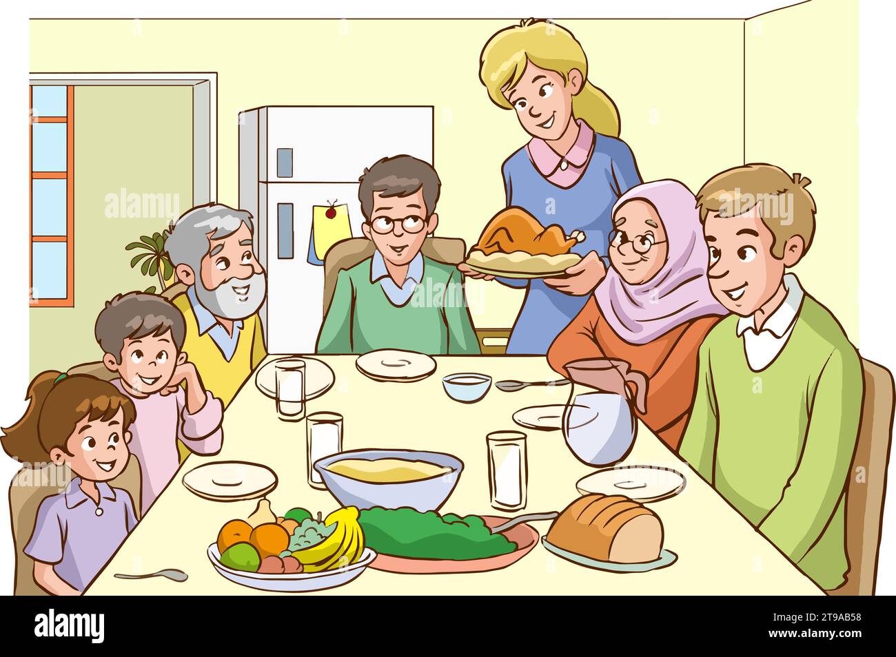 cute family are eating at the dinner table they are having breakfast ...