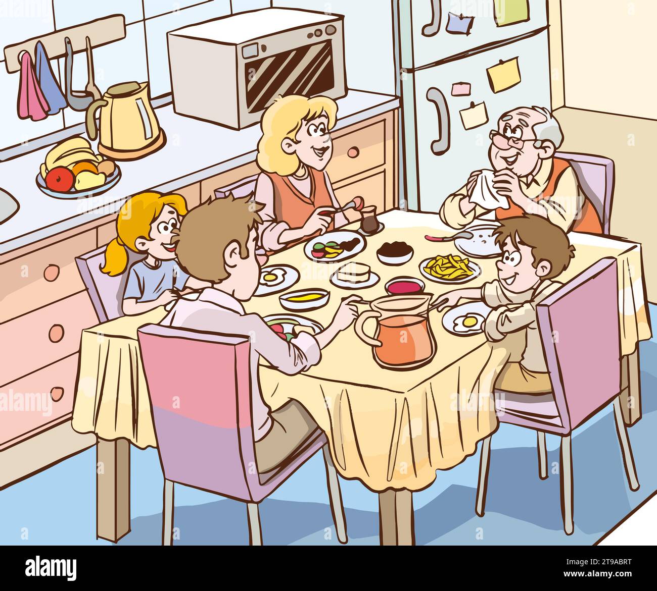 cute family are eating at the dinner table they are having breakfast