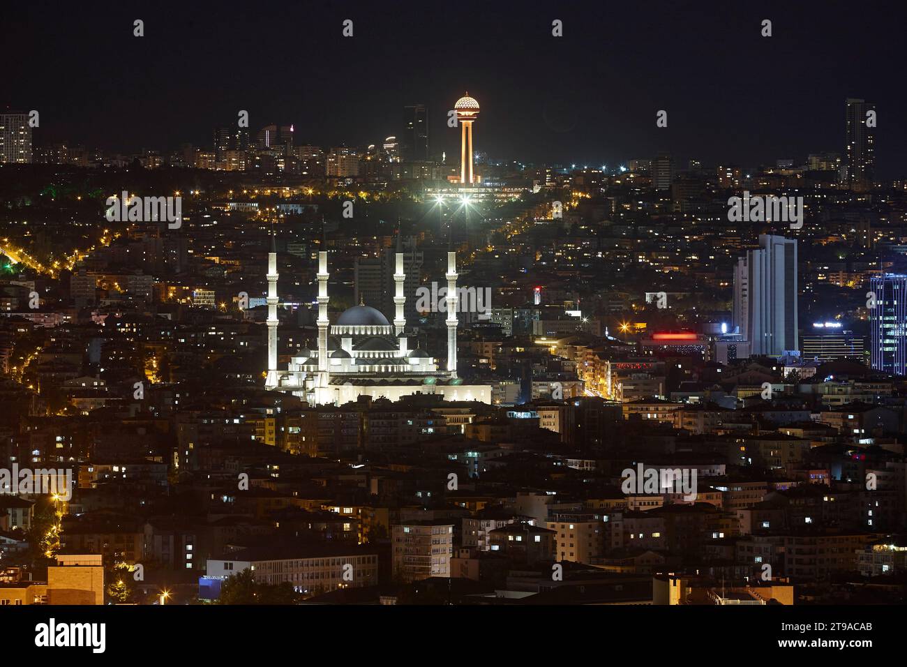 Ankara city skyline by night. Mosque and Atakule tower. Turkey Stock Photo