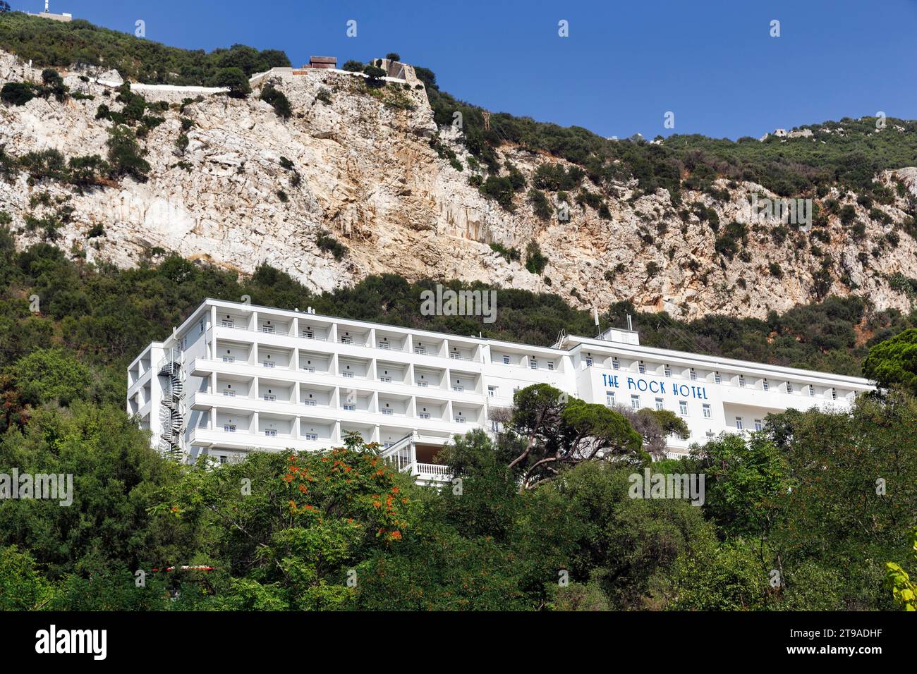 The Rock Hotel, Rock of Gibraltar, View from below, Gibraltar Stock