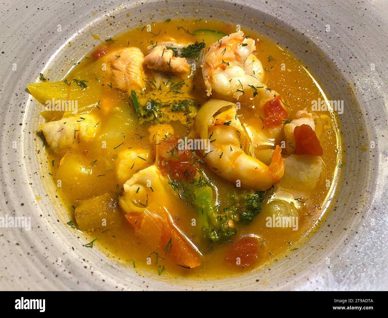 Fish and shellfish stew, fish soup, bouillabaisse, in a plate, North Sea island of Sylt, North Sea island of Sylt, North Frisia, Schleswig-Holstein Stock Photo