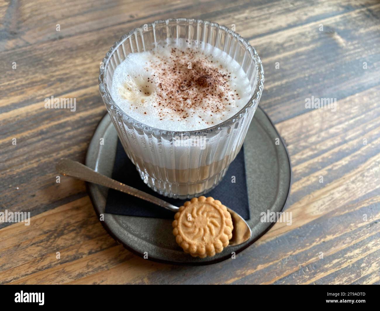 Cup of cappuccino, cocoa powder, biscuit, North Sea island of Sylt, North Frisia, Schleswig-Holstein, Germany Stock Photo