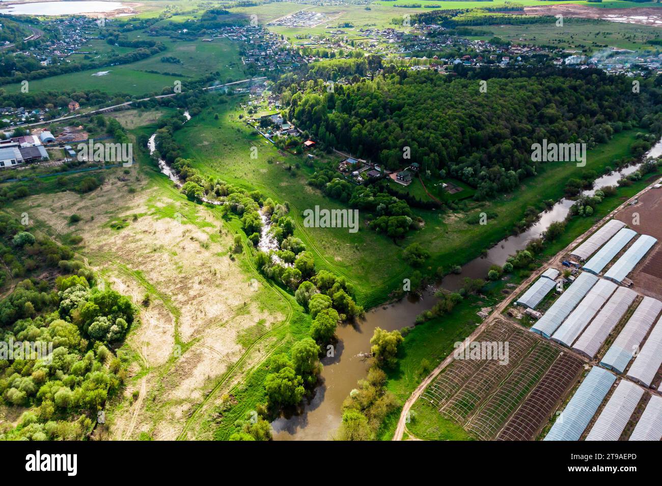 View from a great height of the confluence of the Luzhka River and the Protva River. Kaluga region Stock Photo