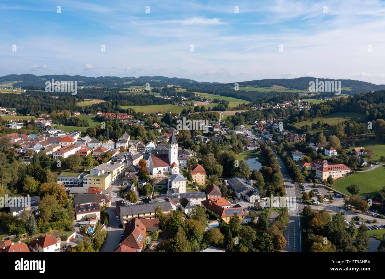 Drone shot, health resort, Bad Zell, Muehlviertel region, Upper Austria, Austria Stock Photo