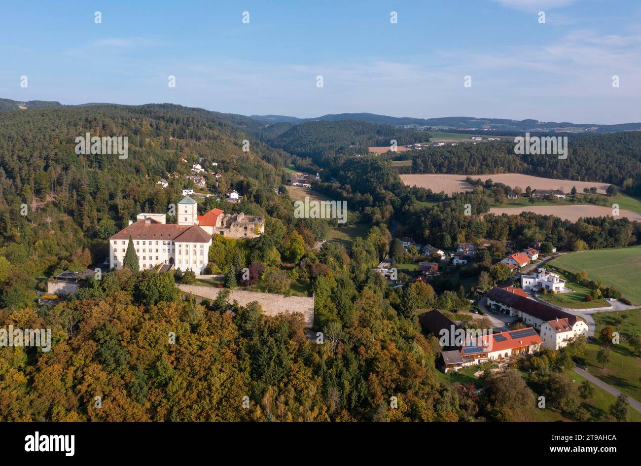 Drone shot, Riedegg Castle with Riedegg castle ruins, Alberndorf, Muehlviertel region, Upper Austria, Austria Stock Photo