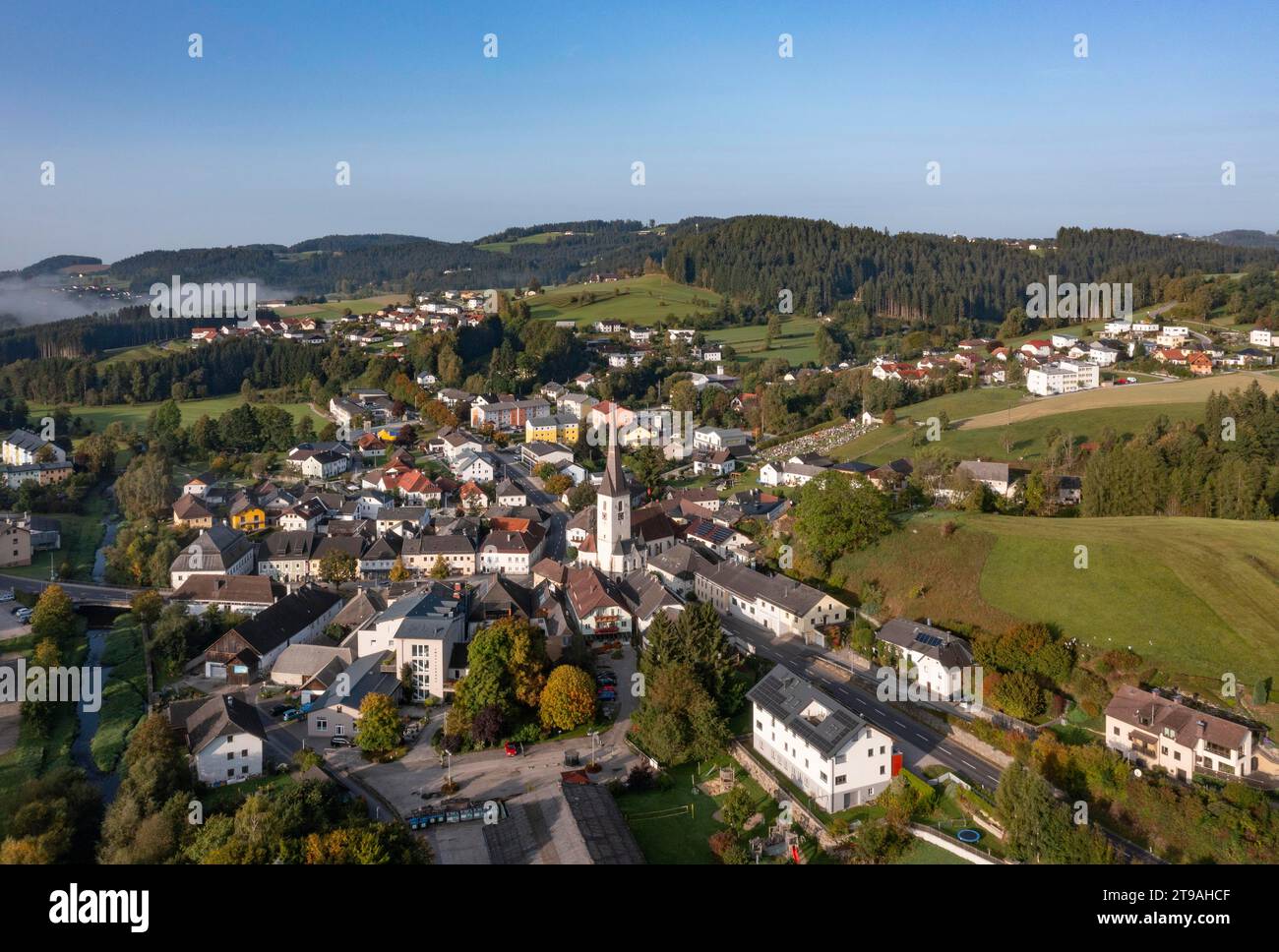 Drone image, view of Zwettl an der Rodl, Muehlviertel, Upper Austria, Austria Stock Photo