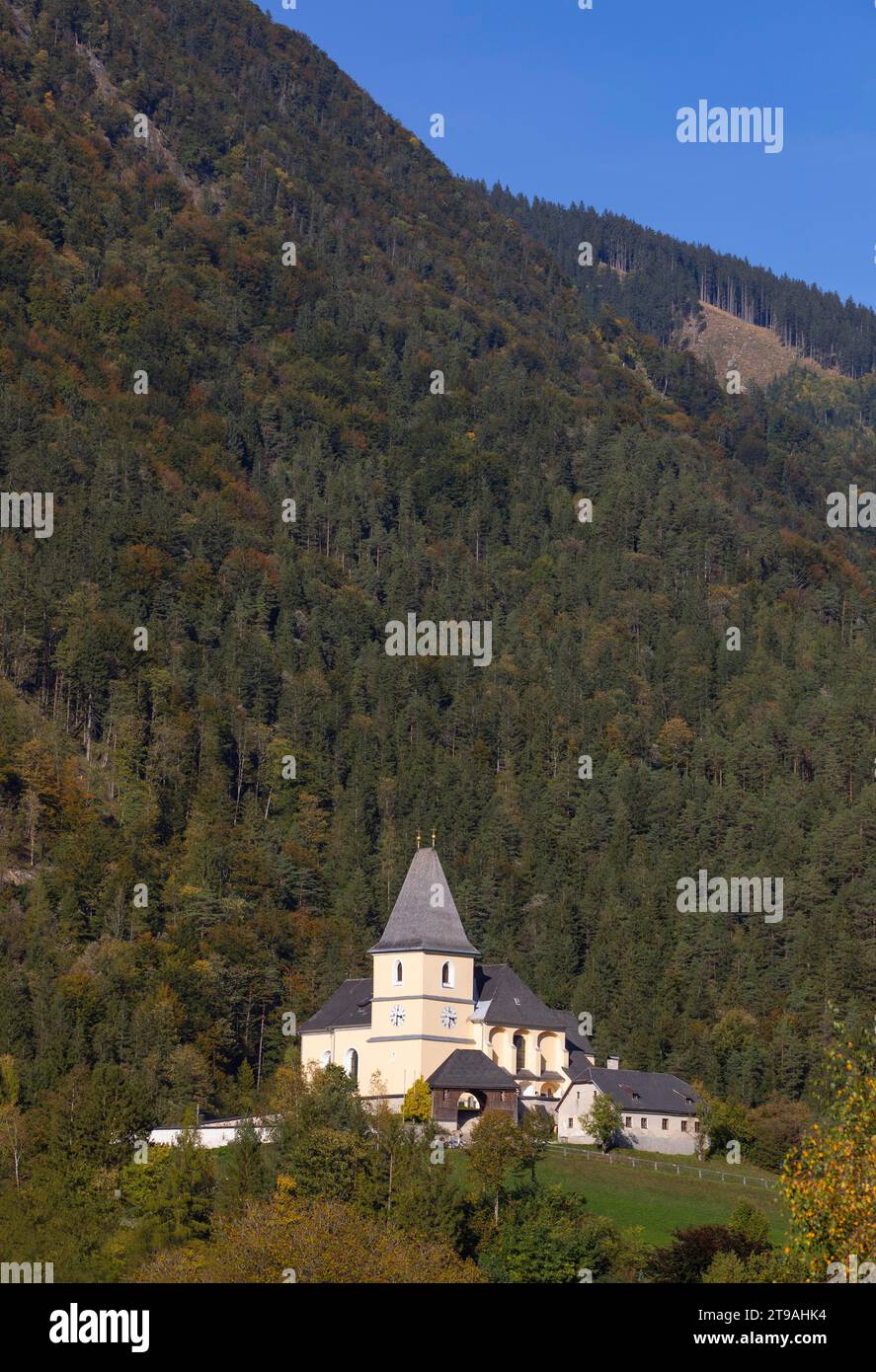 Drone image, view of Hollenstein an der Ybbs, parish church, Ybbstal, Mostviertel, Lower Austria, Austria Stock Photo