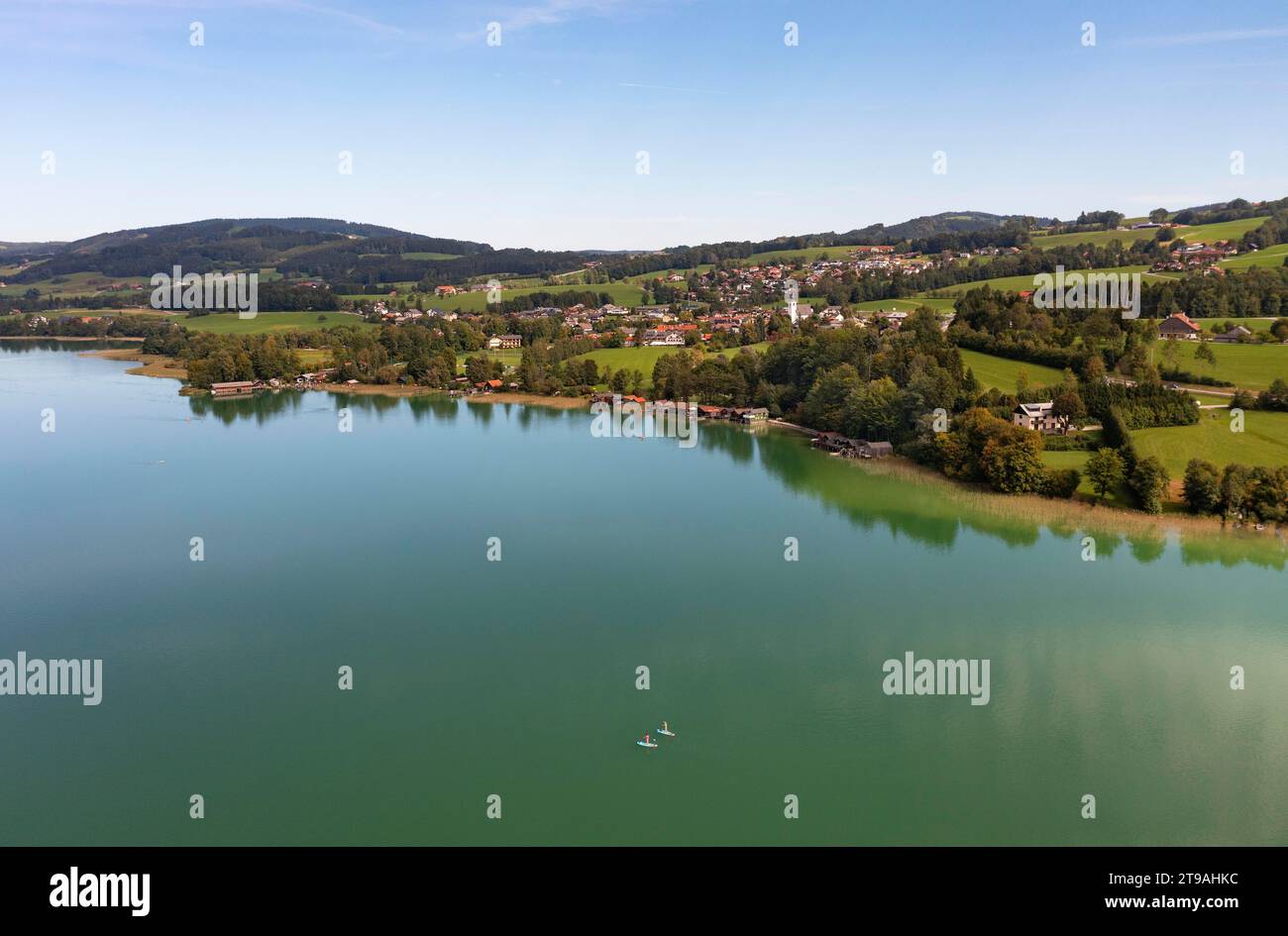Drone image, Irrsee with the village of Zell am moss, Salzkammergut, Upper Austria, Austria Stock Photo