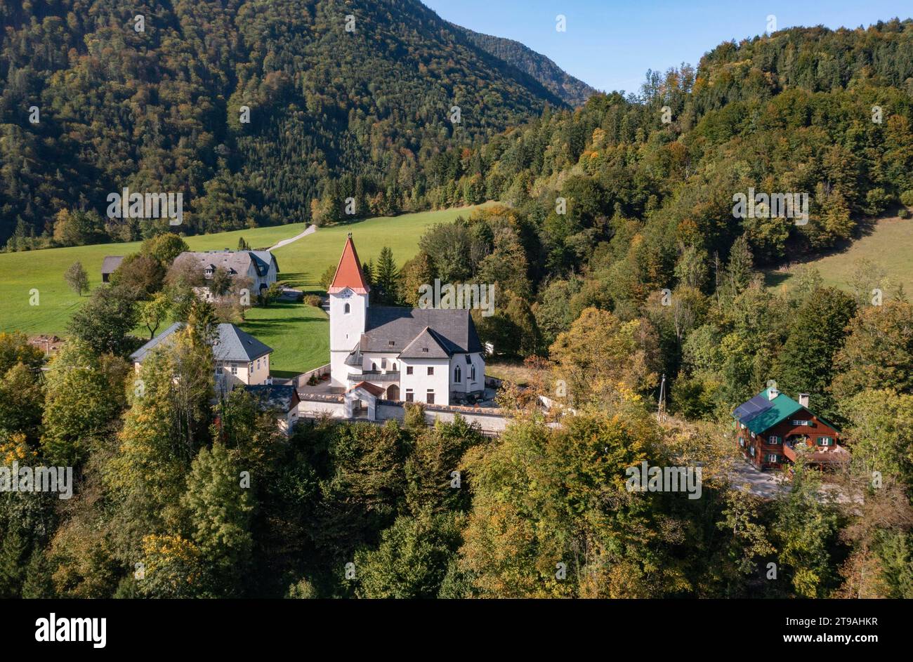 Drone image, view of the village of Sankt Georgen am Reith, Ybbstal Alps, Mostviertel, Lower Austria, Austria Stock Photo