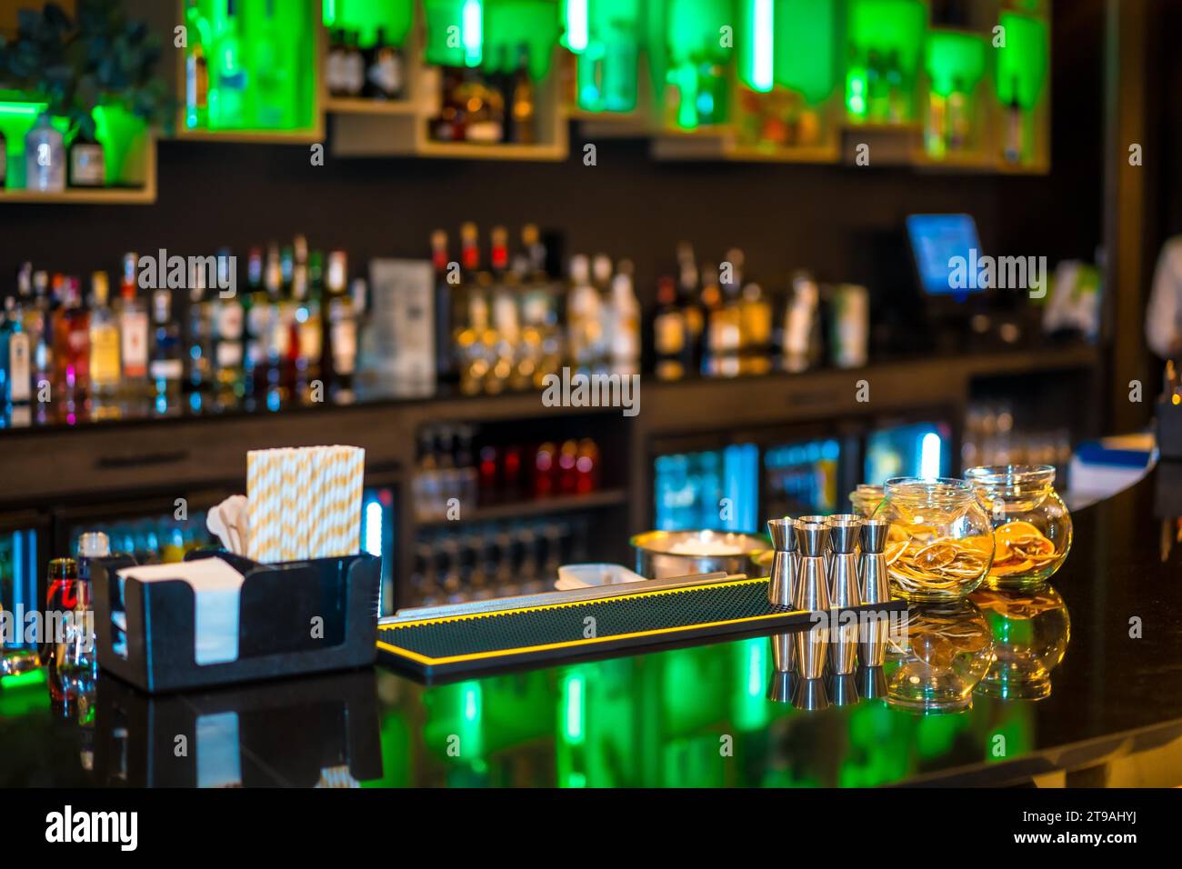 A luxury cocktail bar counter at night with no people Stock Photo