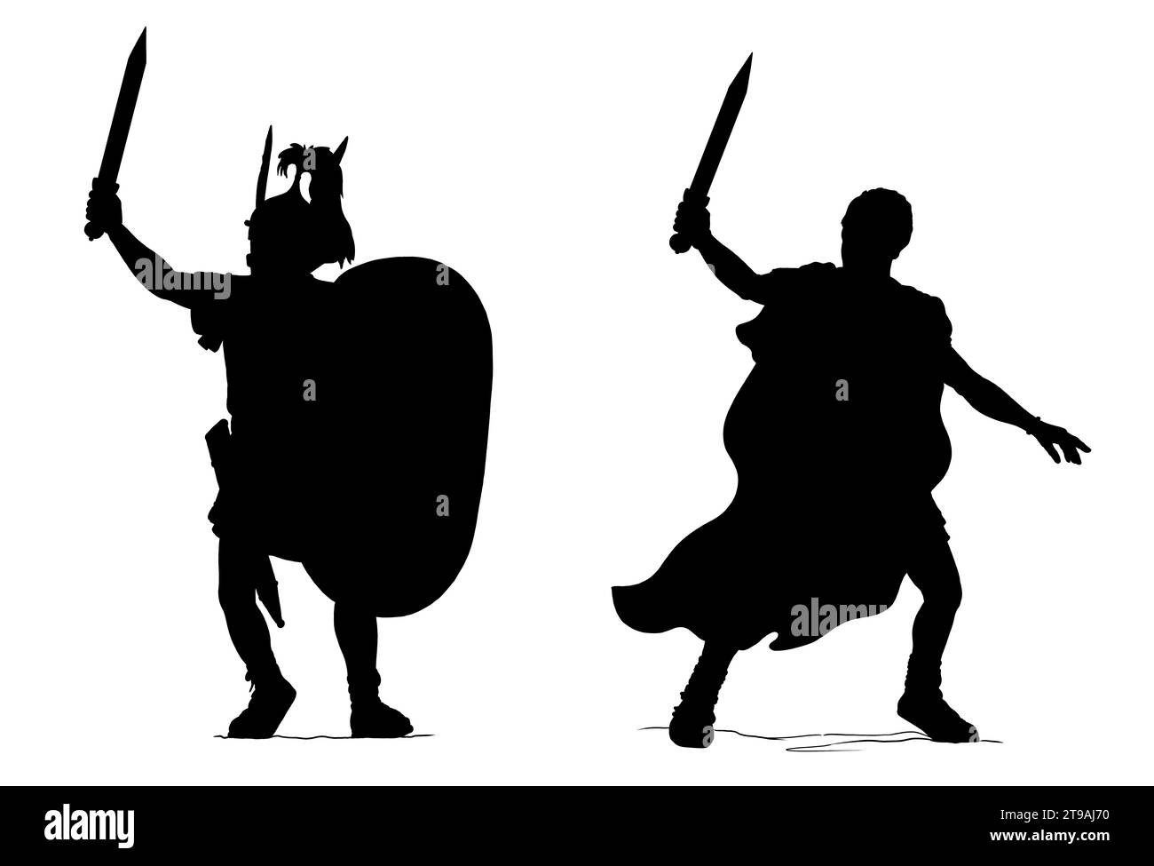 Roman general and imperator Gaius Julius Caesar with roman centurion. Warriors silhouette drawing. Stock Photo
