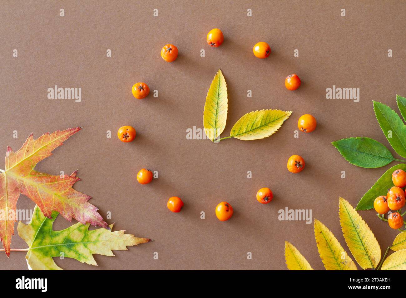 Clock made of rowan berries, autumn start, summer time change concept Stock Photo