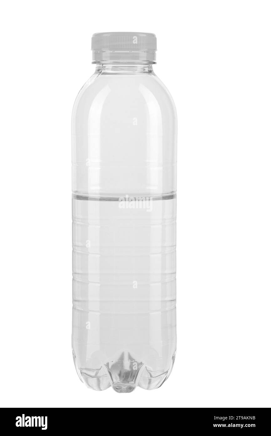 Plastic bottle half filled with water isolated on the white background. File contains clipping path. Full depth of field. Stock Photo
