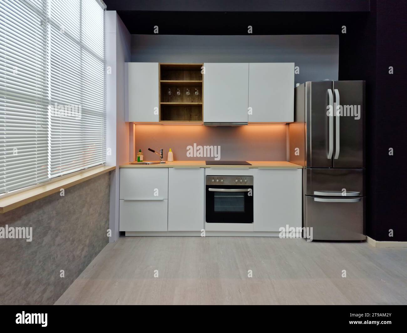 Interior Of Modern White Clean Kitchen With Microwave Oven And ...