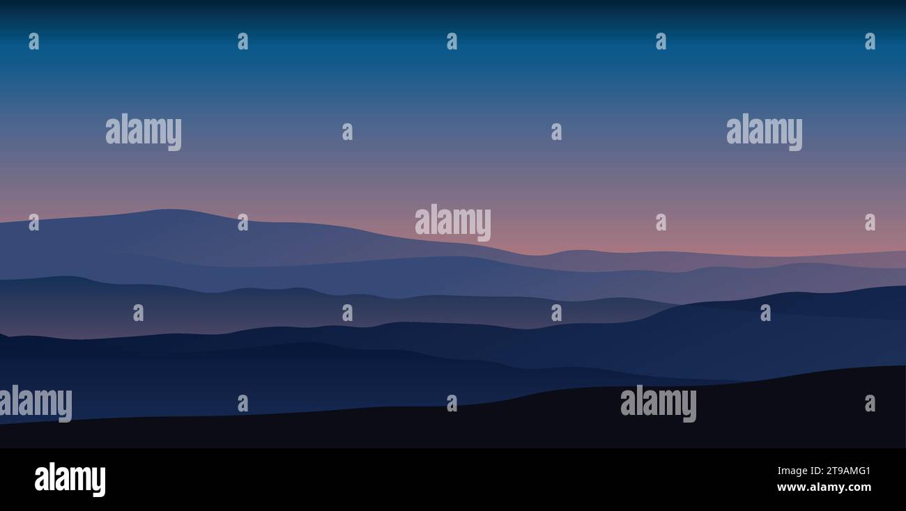 Beautiful dark blue mountain landscape. Sunrise and sunset in mountains.Wallpaper design, Wall art for home decor and prints.Vector illustration Stock Vector