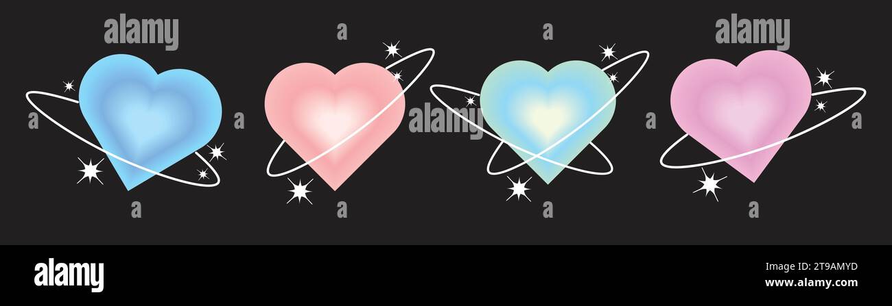 Set of blurry pink and blue hearts aura aesthetic elements with linear form and sparkle. Trendy modern y2k style design template. Blurred gradient hea Stock Vector