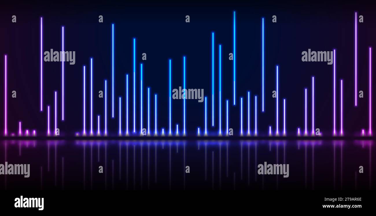 Blue and ultraviolet neon laser lines with reflection. Abstract rays ...