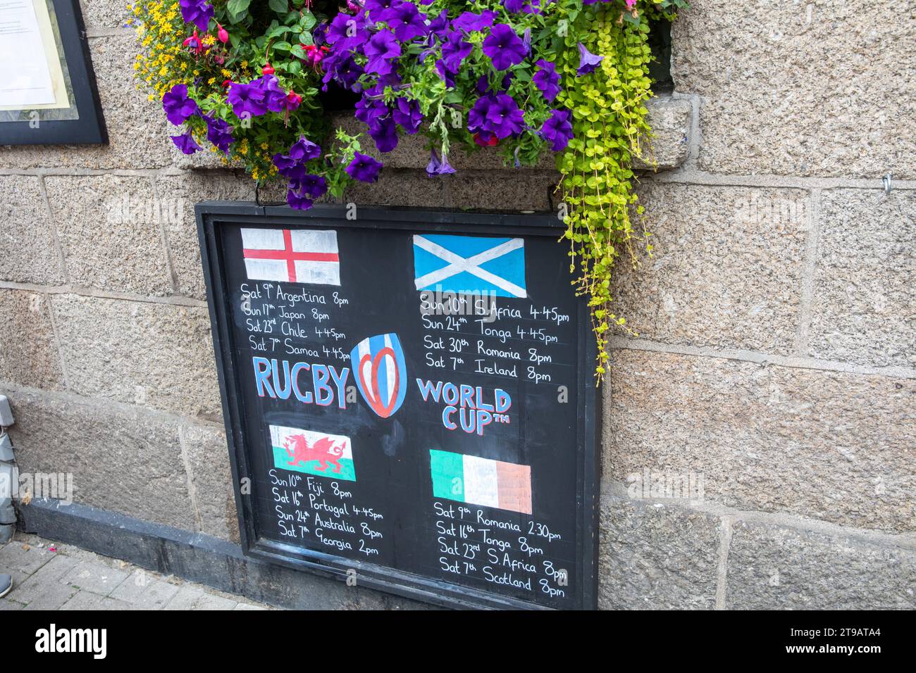 St Ives pub showing advertising rugby World Cup 2023 games shown live,Cornwall,England,UK,2023 Stock Photo