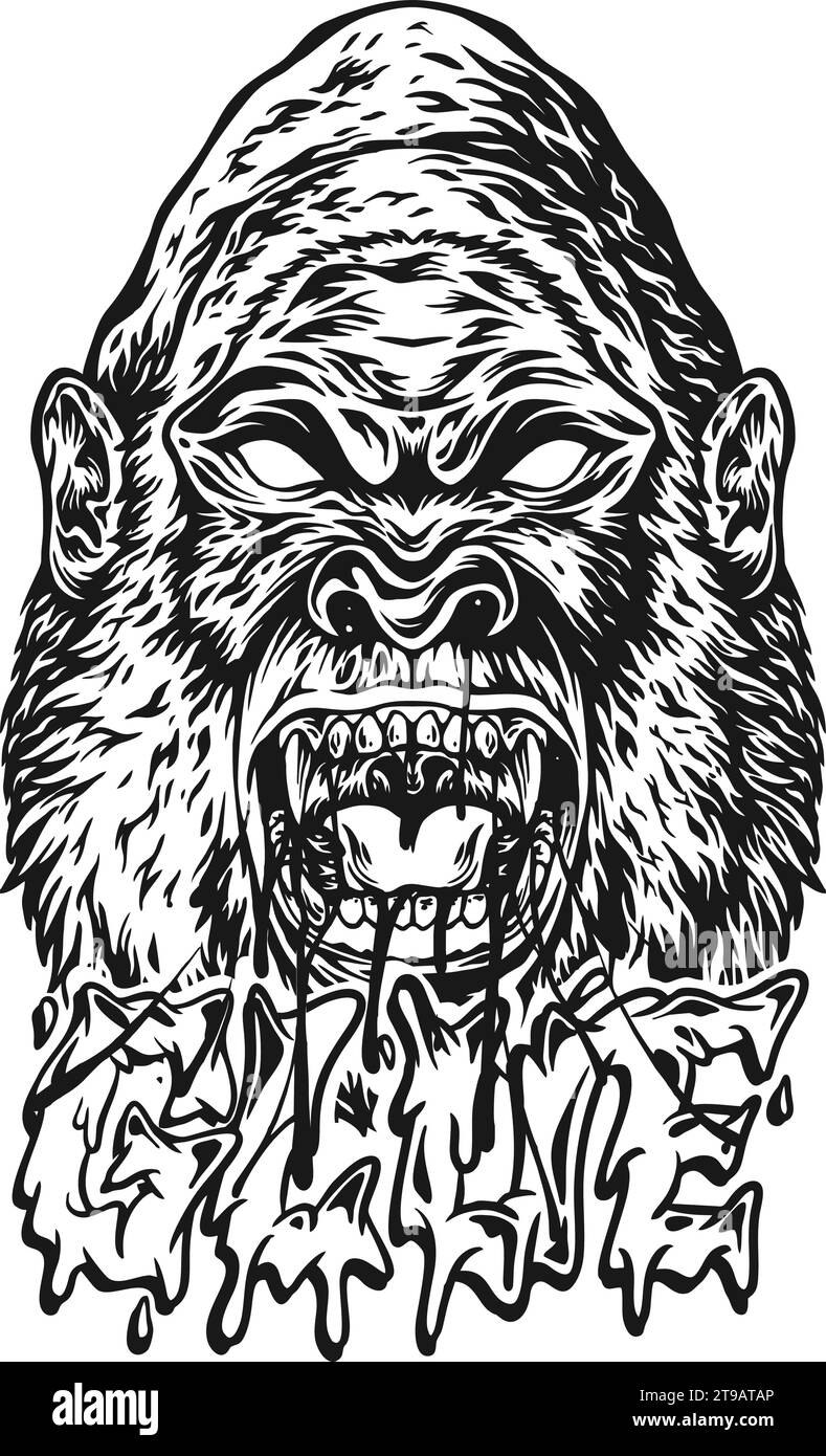 Fantasy scary roar gorilla glue monochrome vector illustrations for